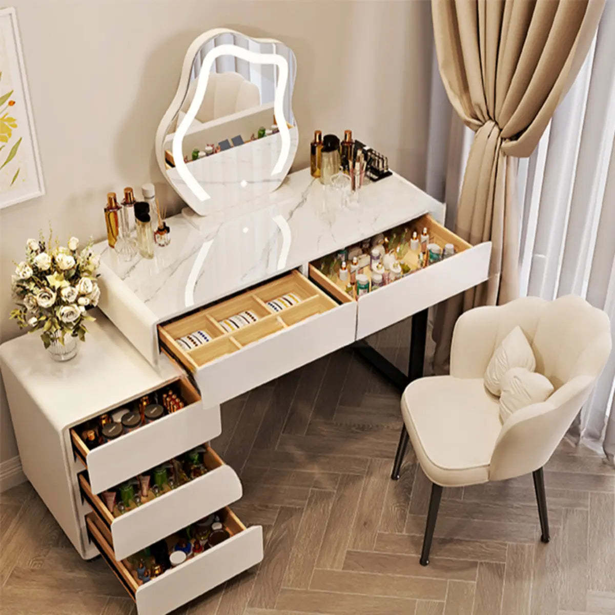 Contemporary Sliding Curved Mirror Off-White Vanity — Glass