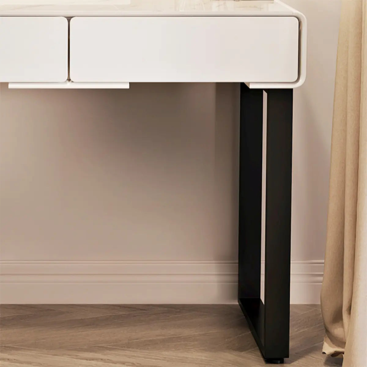 Contemporary Sliding Curved Mirror Off-White Vanity — Glass