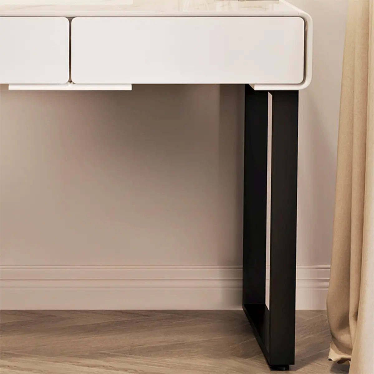 Contemporary Sliding Curved Mirror Off-White Vanity — Glass