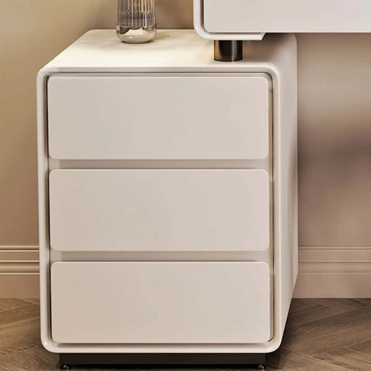 Contemporary Sliding Curved Mirror Off-White Vanity — Glass