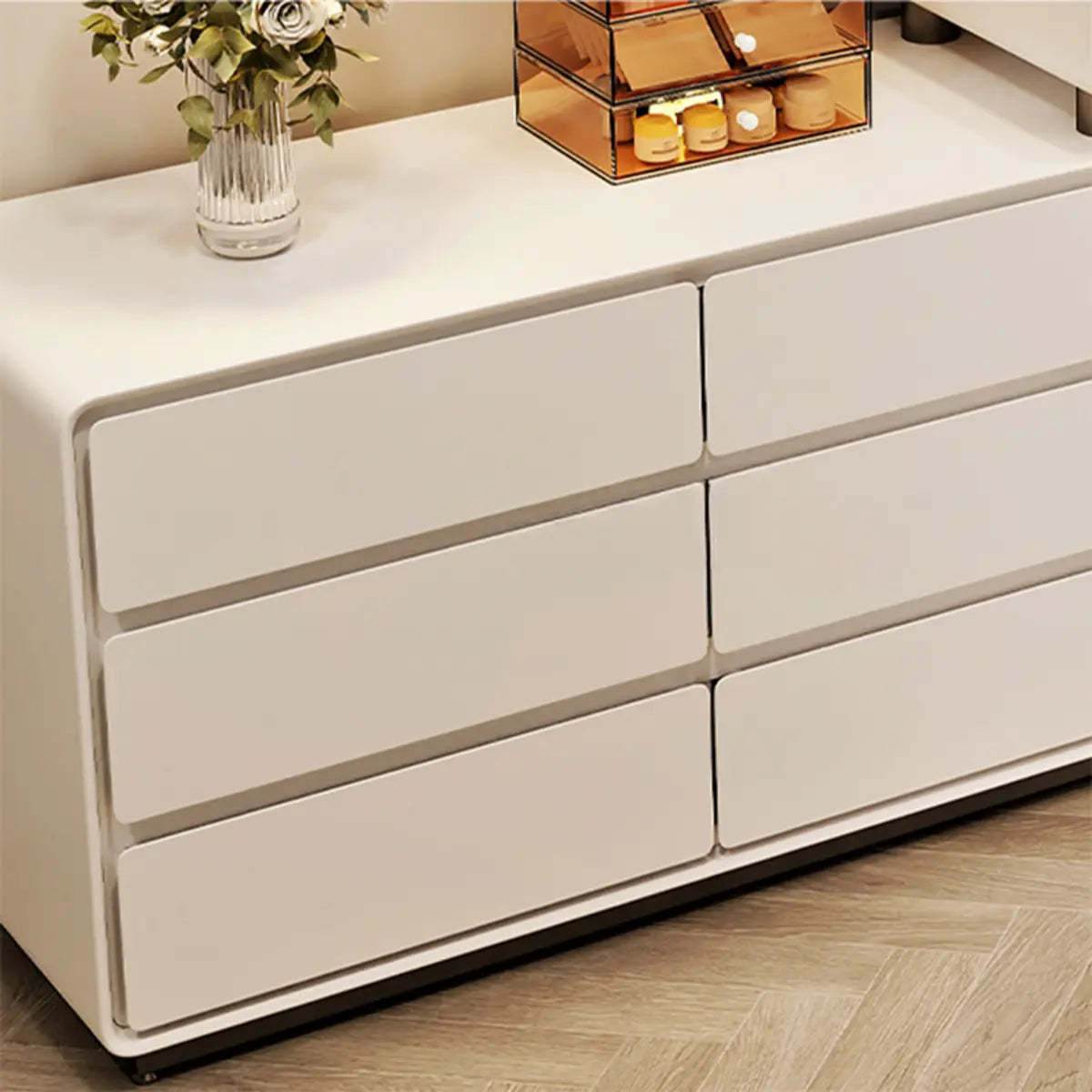 Contemporary Sliding Curved Mirror Off-White Vanity — Slate