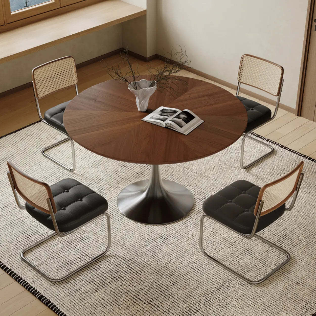 Wood metal round base dining tables - modern — 35.4"L x 35.4"W x 29.5"H