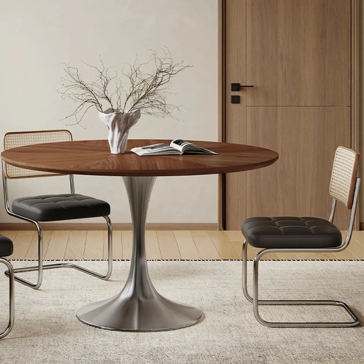 Modern round base wood dining tables — 47.2"L x 47.2"W x 29.5"H