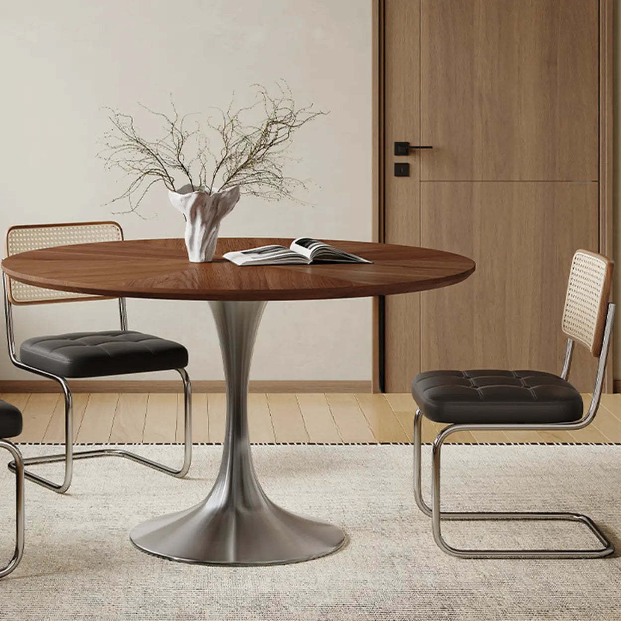 Modern round base wood dining tables — 47.2"L x 47.2"W x 29.5"H