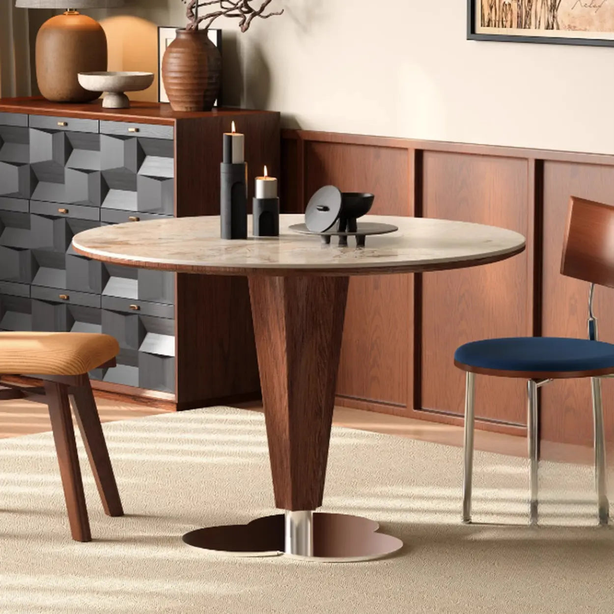 Contemporary Small Round Stone Wood Dining Table — Table Only