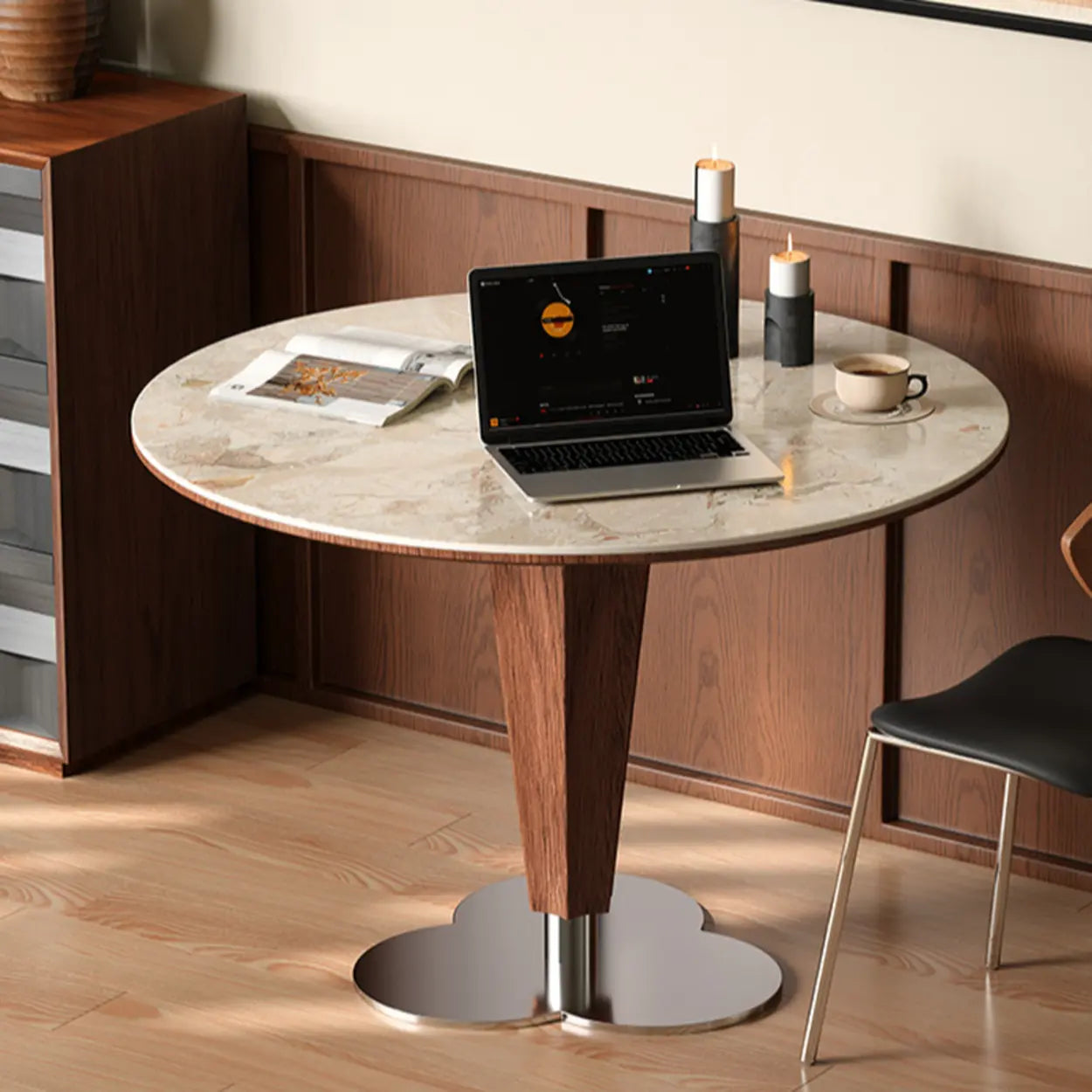 Contemporary Small Round Stone Wood Dining Table