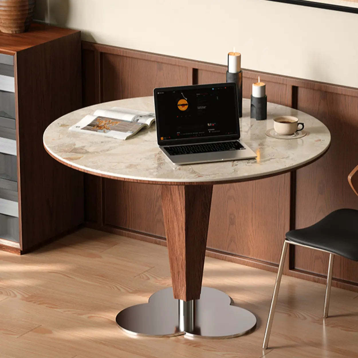 Contemporary Small Round Stone Wood Dining Table