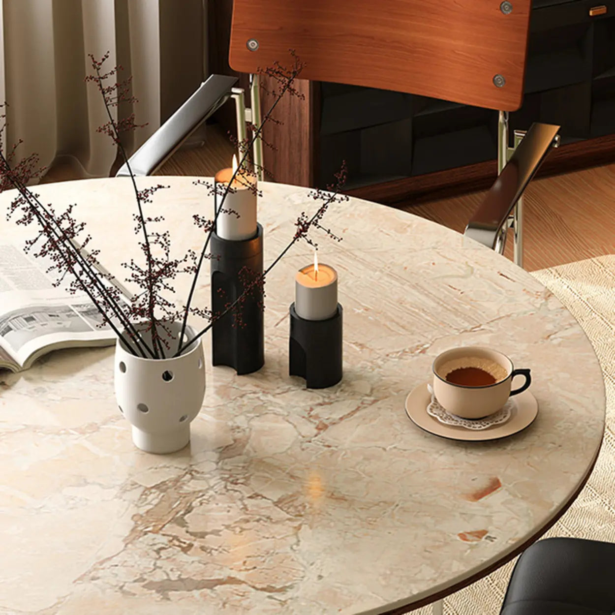 Contemporary Small Round Stone Wood Dining Table