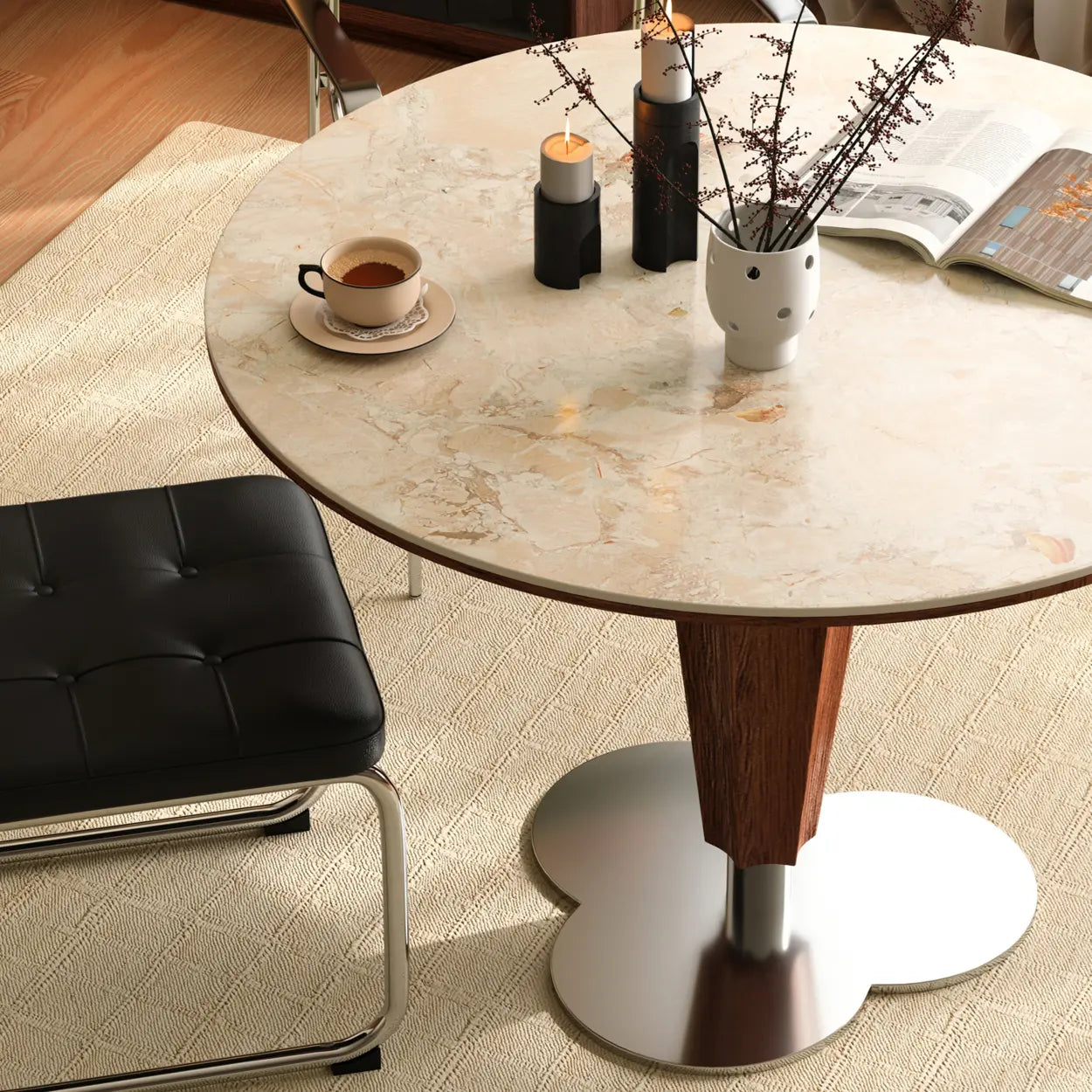 Contemporary Small Round Stone Wood Dining Table — Table Only