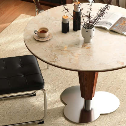Contemporary Small Round Stone Wood Dining Table — Table Only