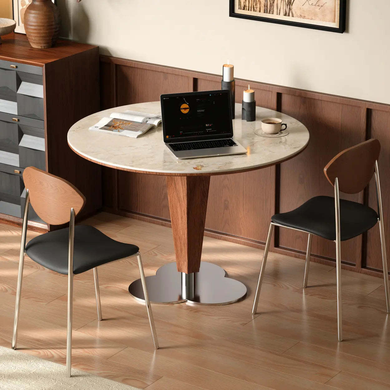 Contemporary Small Round Stone Wood Dining Table — Table Only