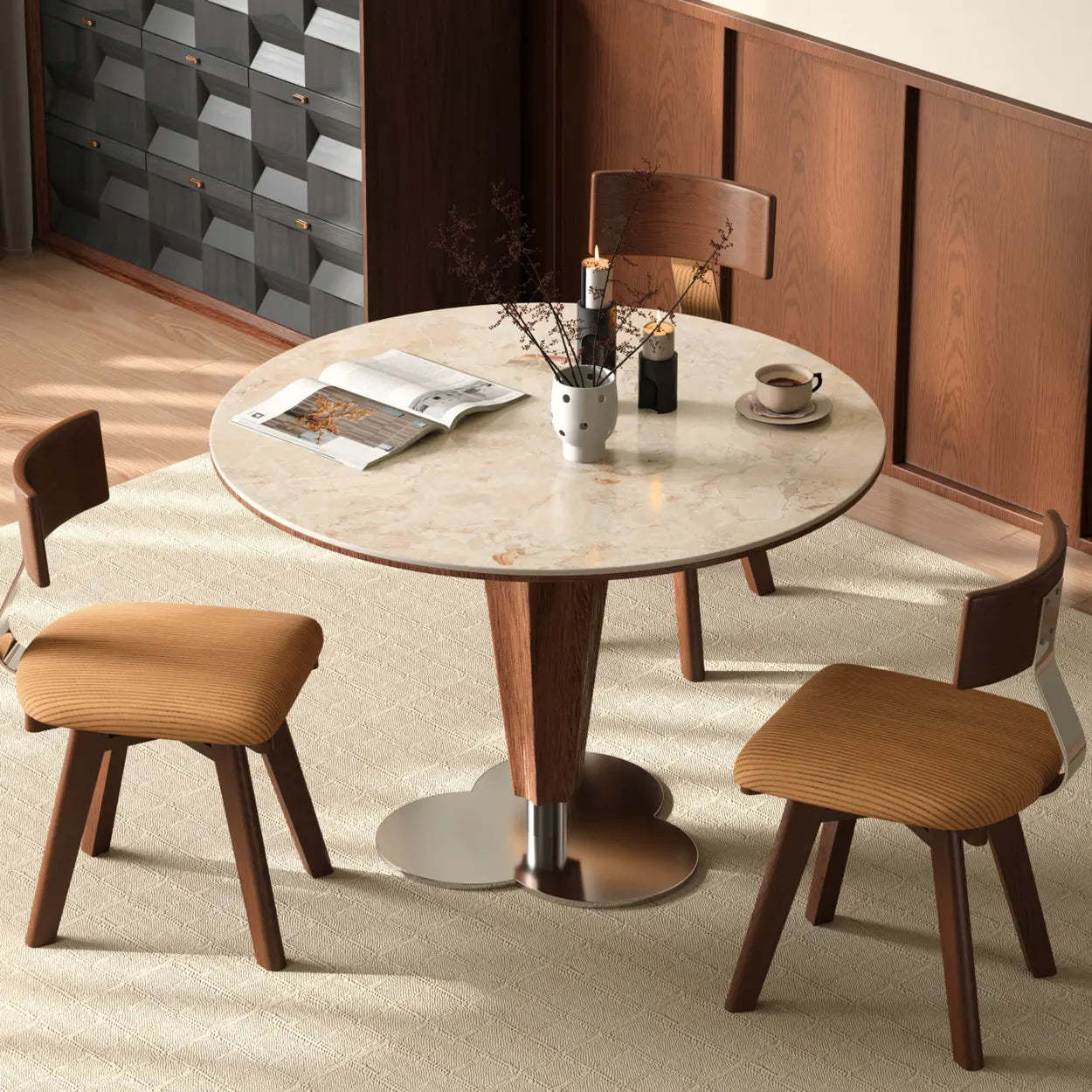 Contemporary Small Round Stone Wood Dining Table — Table Only