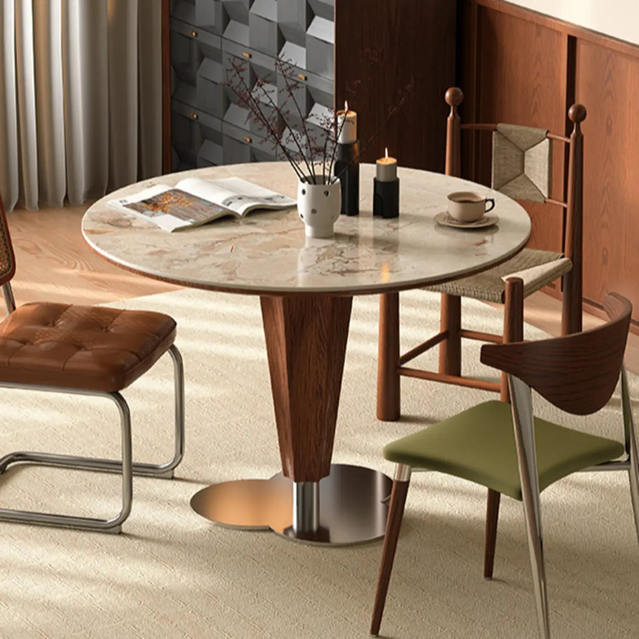 Contemporary Small Round Stone Wood Dining Table — Table Only