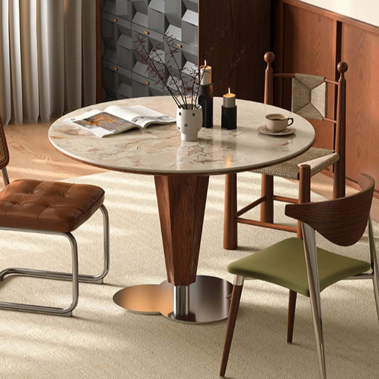 Contemporary Small Round Stone Wood Dining Table — Table Only