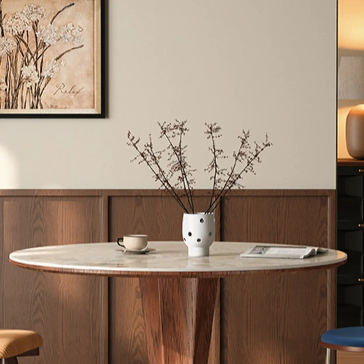 Contemporary Small Round Stone Wood Dining Table