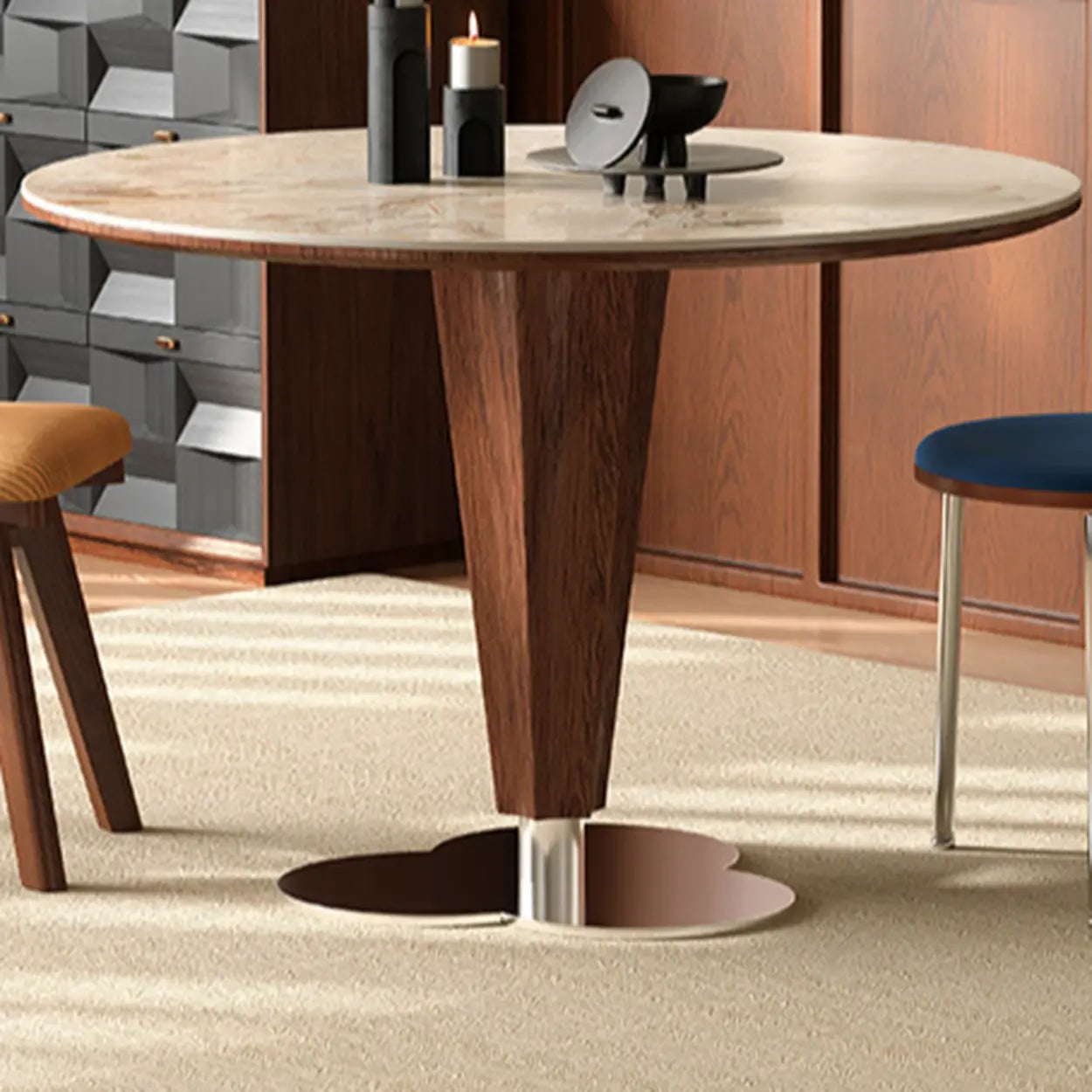Contemporary Small Round Stone Wood Dining Table