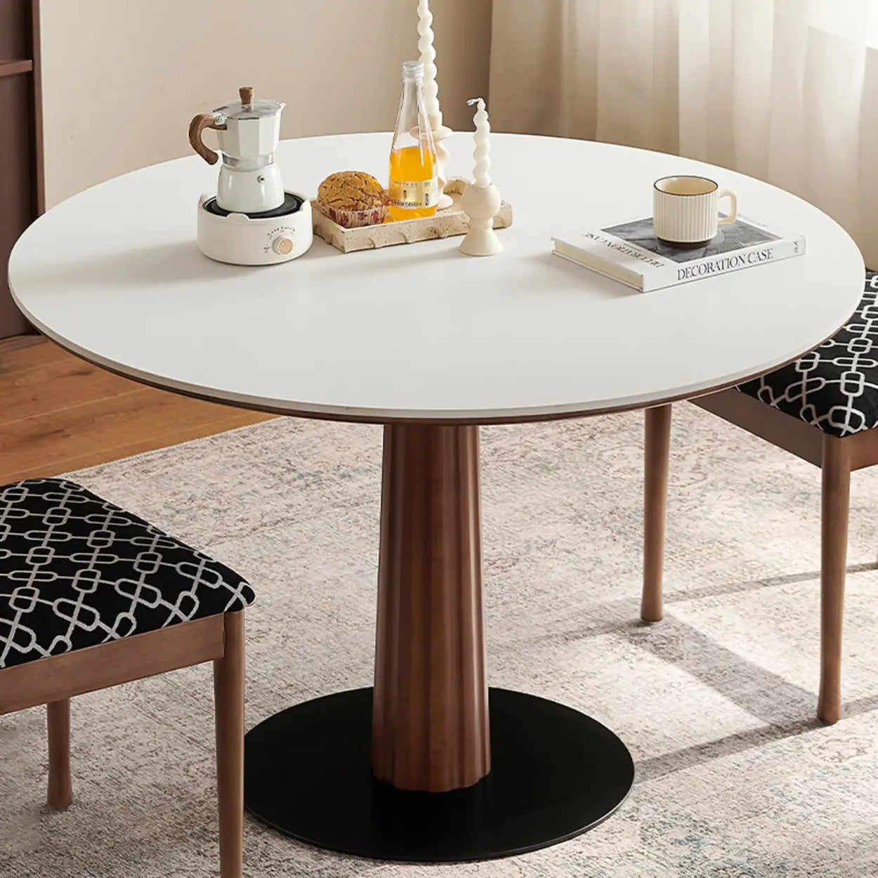 Contemporary Small Round Stone Wood Dining Table