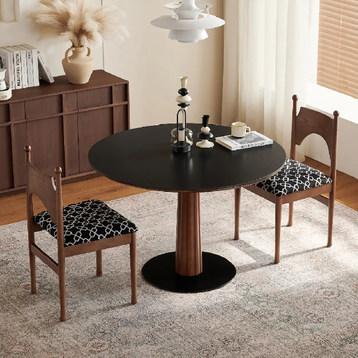Contemporary Small Round Stone Wood Dining Table — Black / Table Only