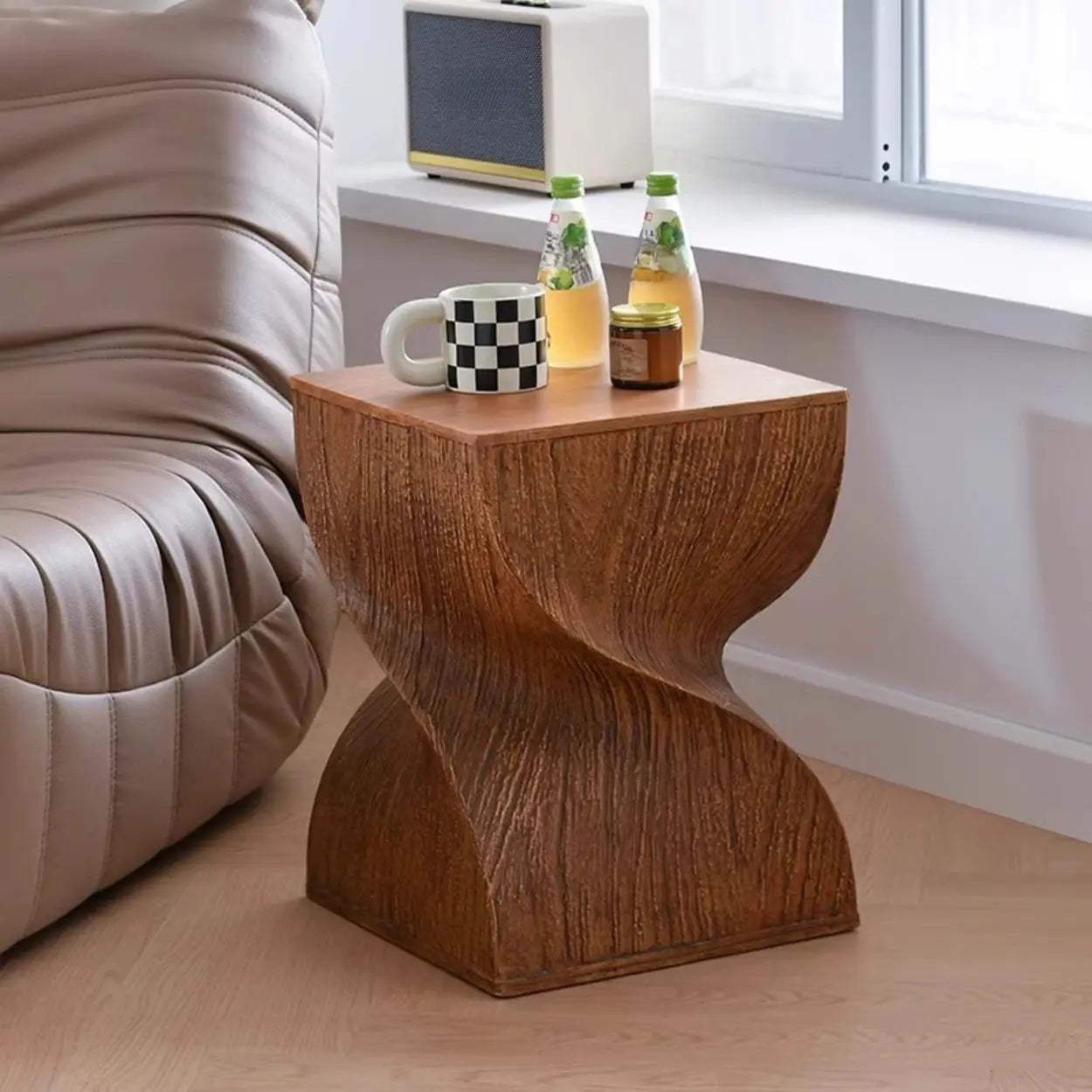 Contemporary Sculpted Twisted Pedestal Side Table — White