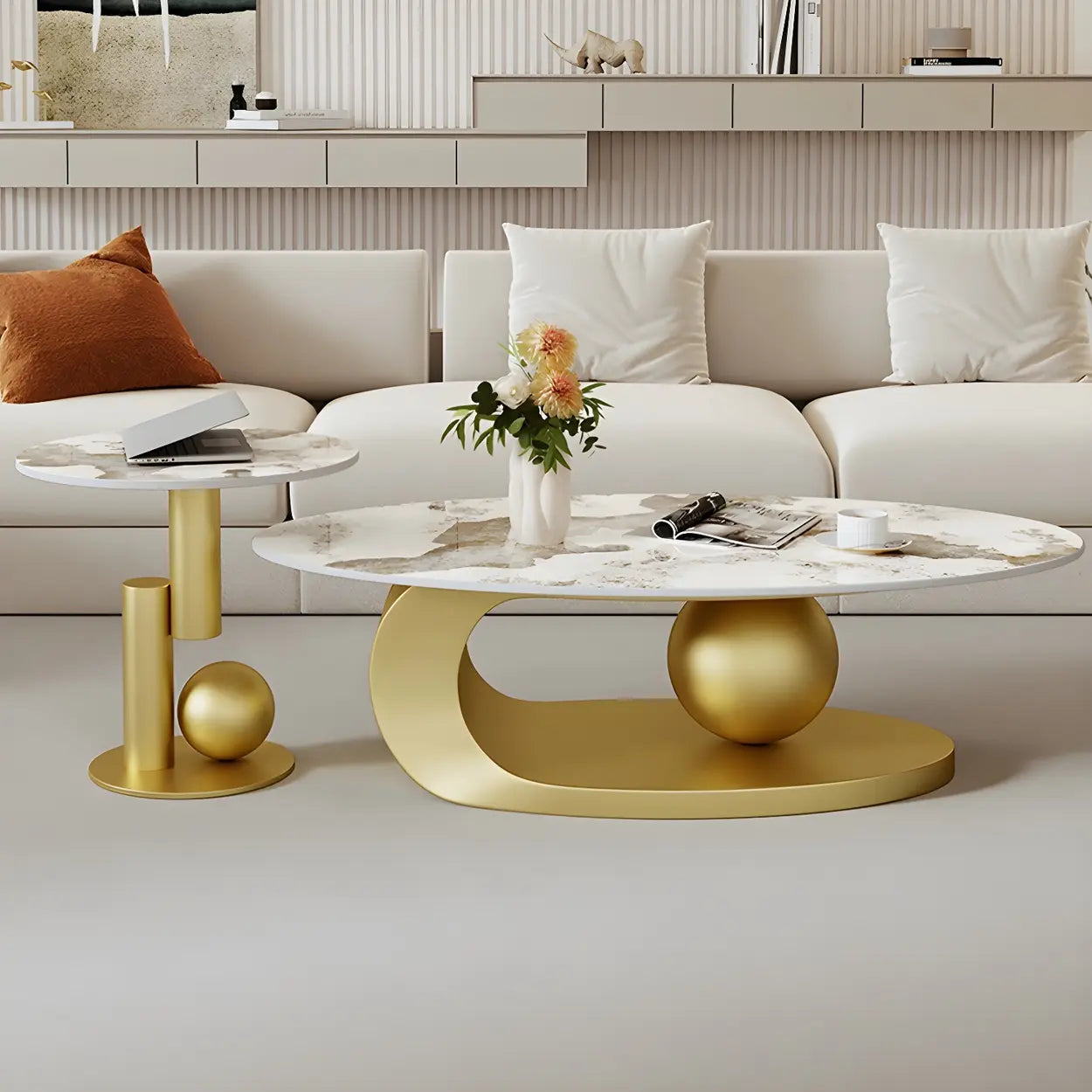 Stone-Top Coffee Table with Abstract Metal Base