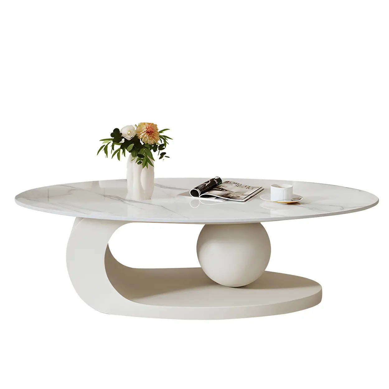 Stone-Top Coffee Table with Abstract Metal Base — Grey