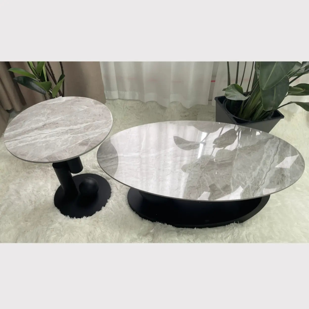 Stone-Top Coffee Table with Abstract Metal Base — White