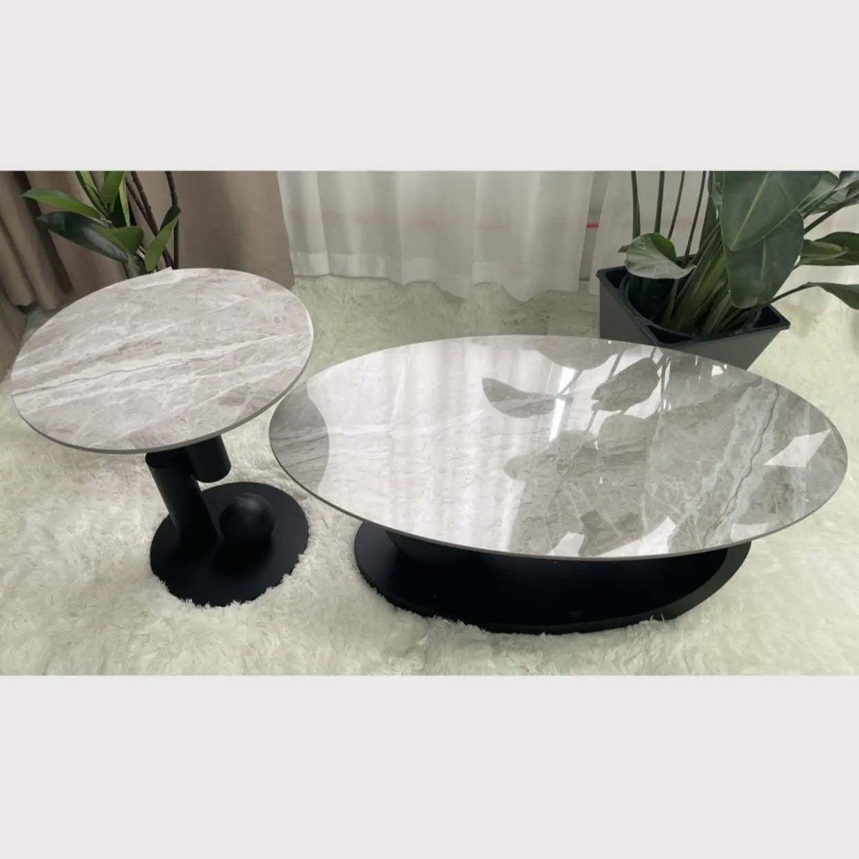 Stone-Top Coffee Table with Abstract Metal Base — White