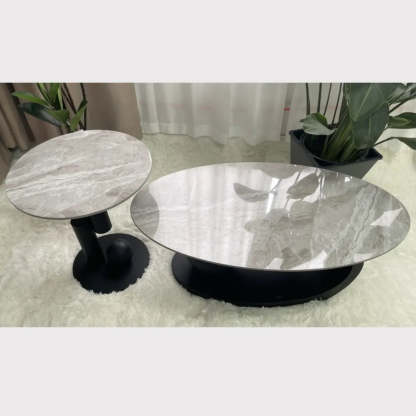 Stone-Top Coffee Table with Abstract Metal Base — White
