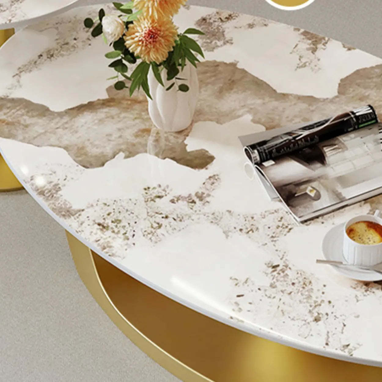 Stone-Top Coffee Table with Abstract Metal Base — Grey