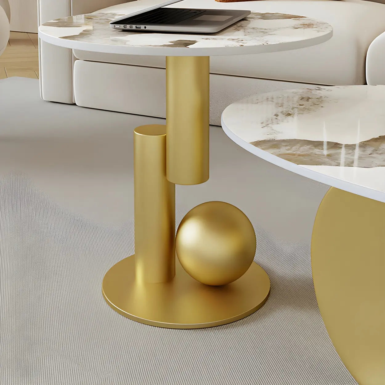 Stone-Top Coffee Table with Abstract Metal Base — Gold