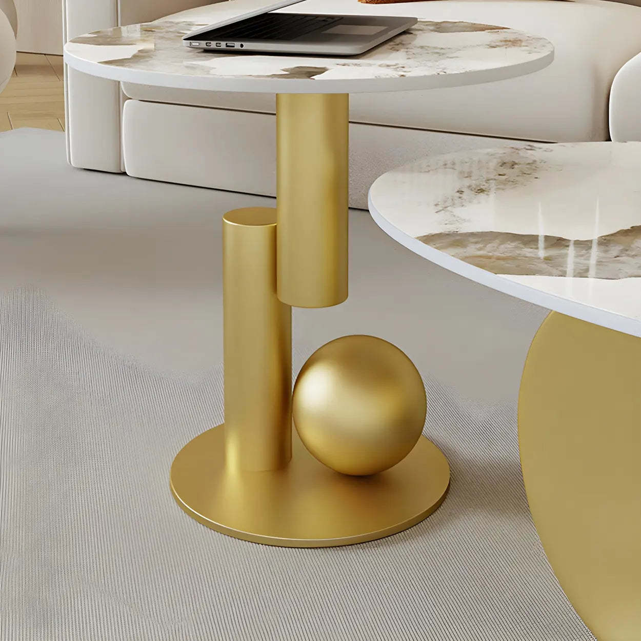 Stone-Top Coffee Table with Abstract Metal Base — Gold