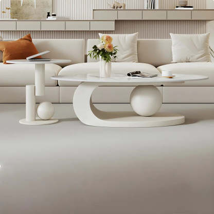 Stone-Top Coffee Table with Abstract Metal Base — Black