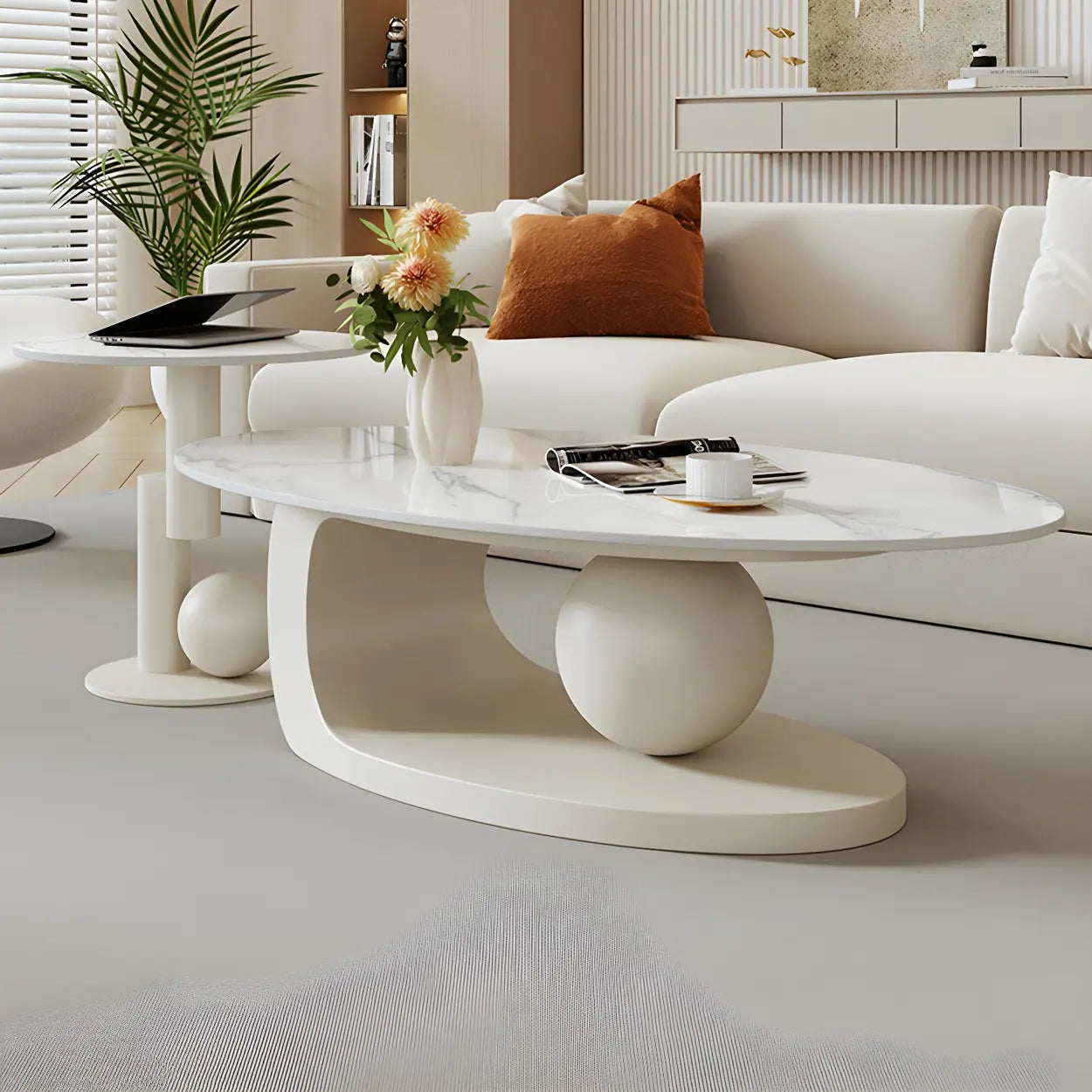 Stone-Top Coffee Table with Abstract Metal Base — White
