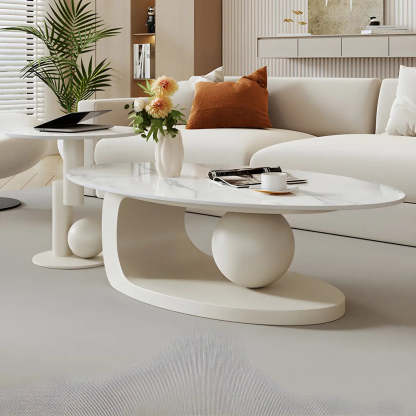 Stone-Top Coffee Table with Abstract Metal Base — White