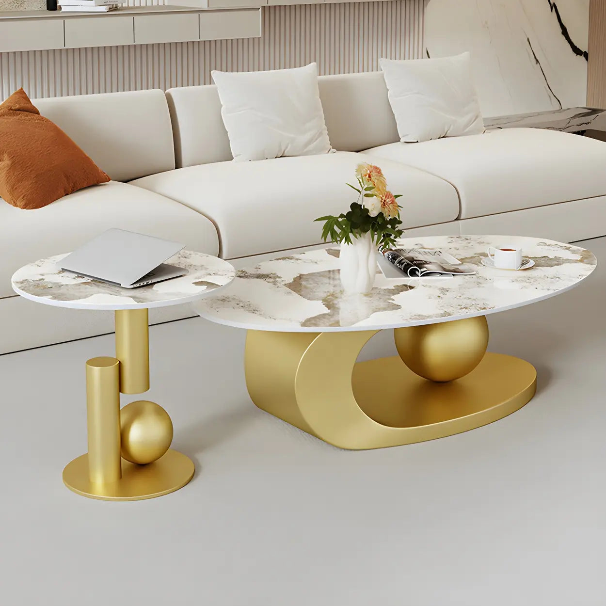 Stone-Top Coffee Table with Abstract Metal Base — Gold