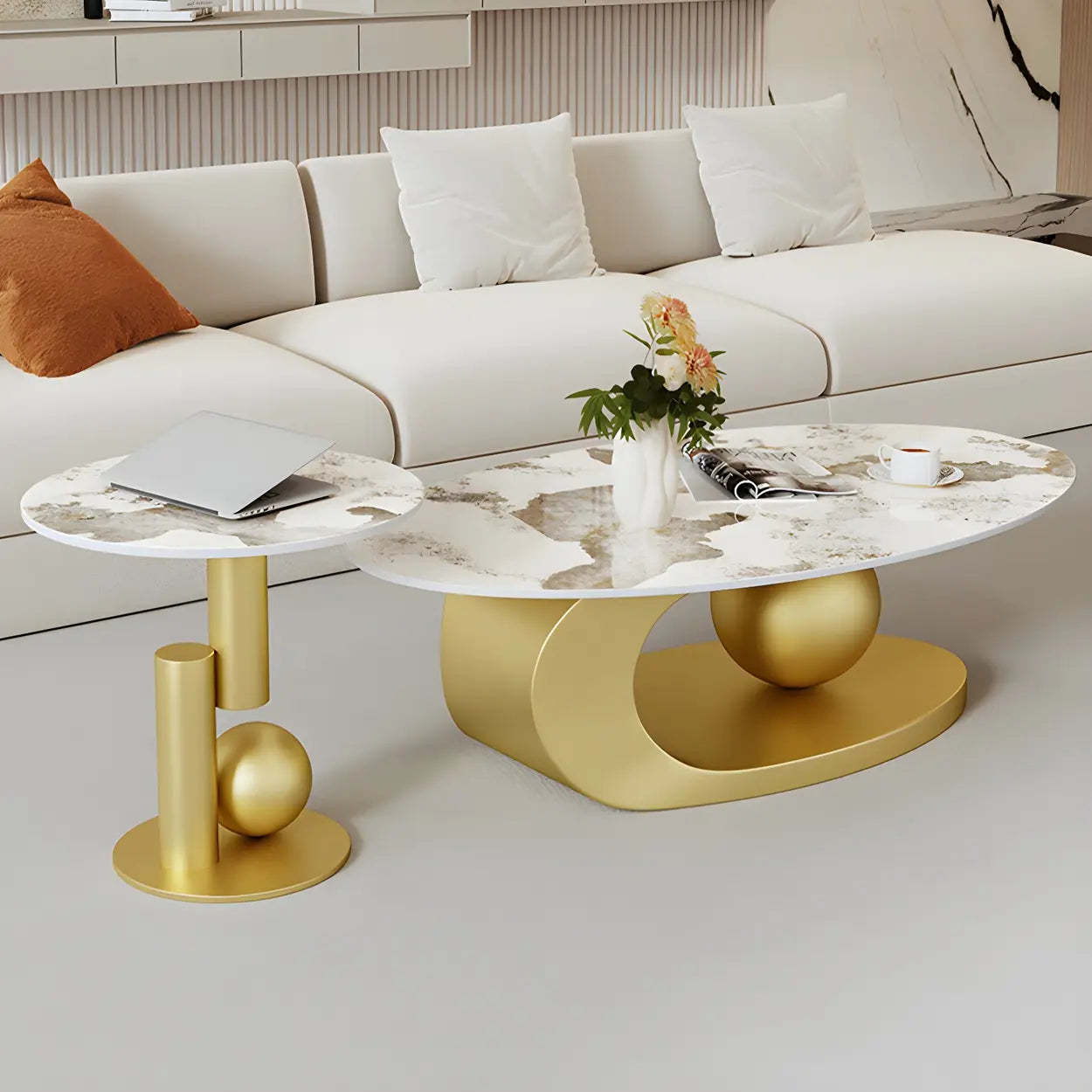 Stone-Top Coffee Table with Abstract Metal Base — Gold