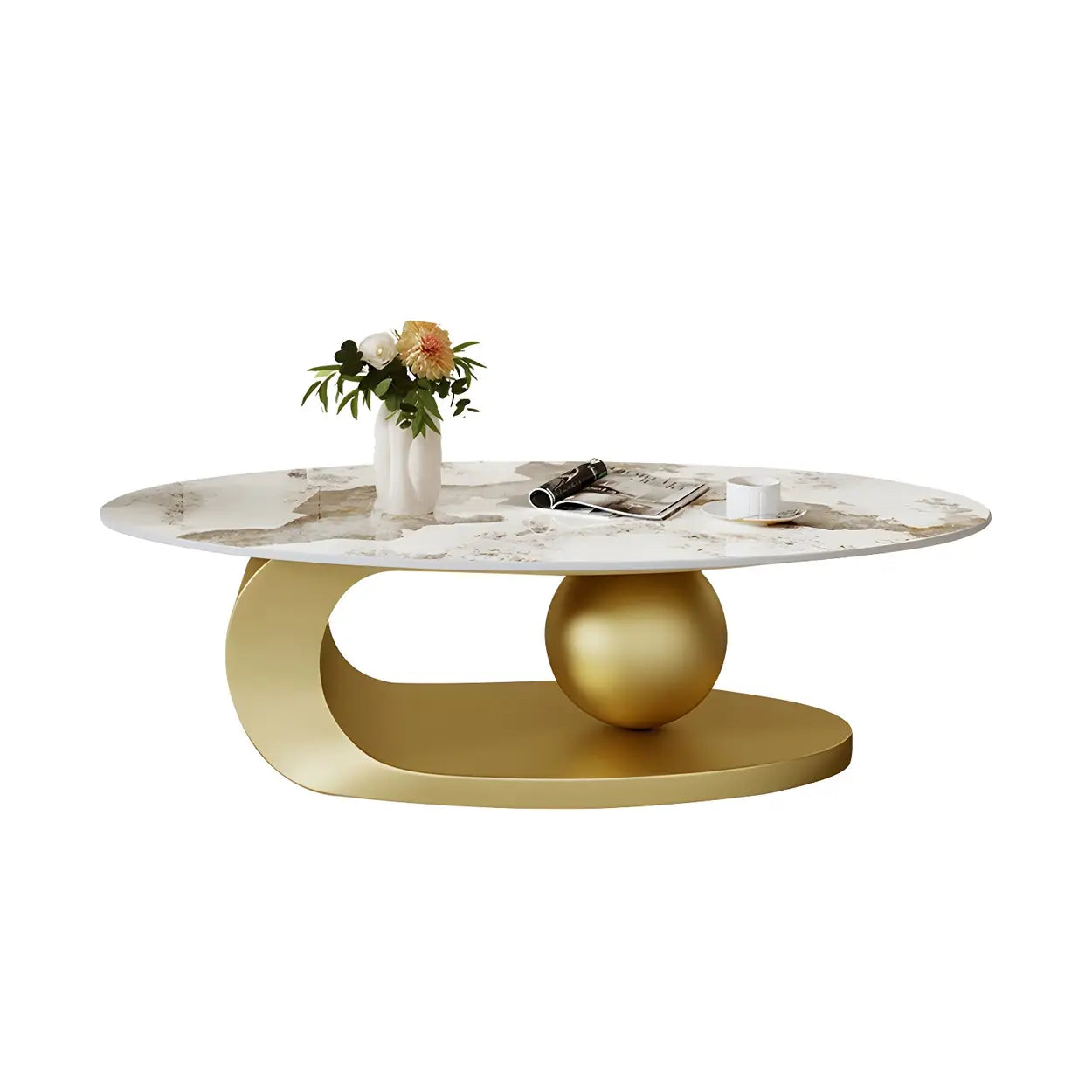 Stone-Top Coffee Table with Abstract Metal Base — Black