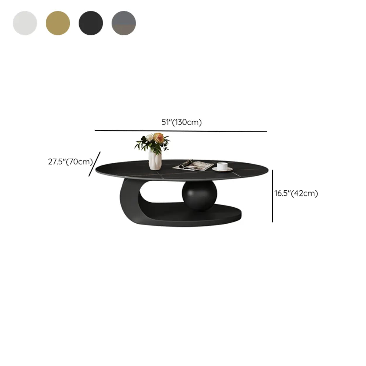 Stone-Top Coffee Table with Abstract Metal Base — Black