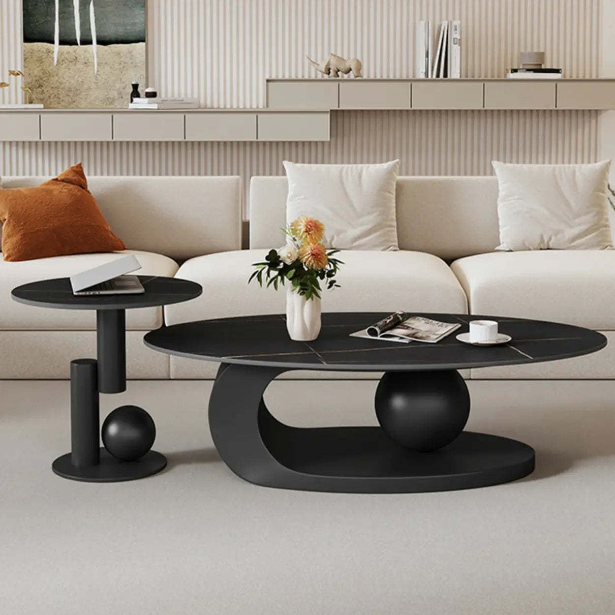 Stone-Top Coffee Table with Abstract Metal Base — White