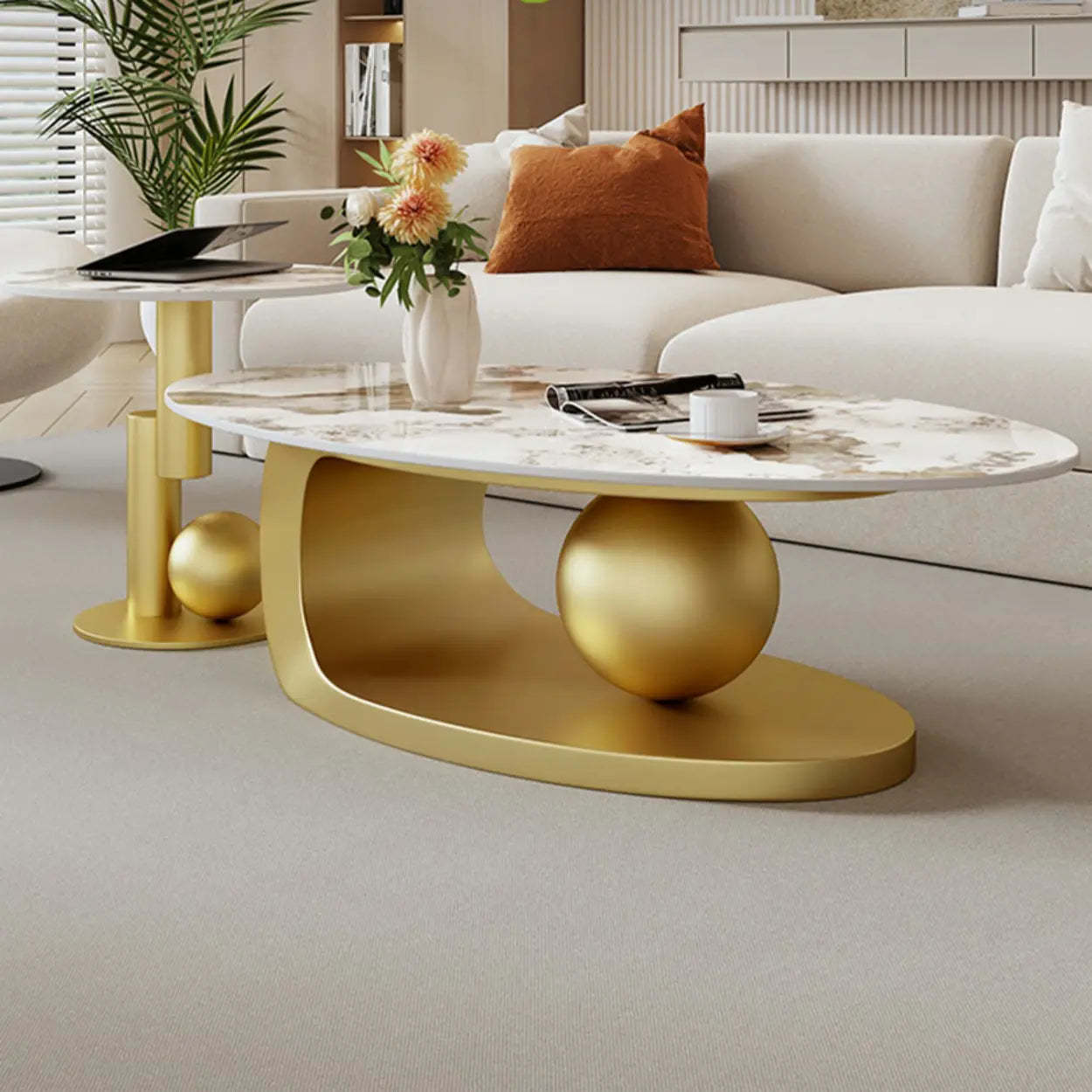 Stone-Top Coffee Table with Abstract Metal Base — Black