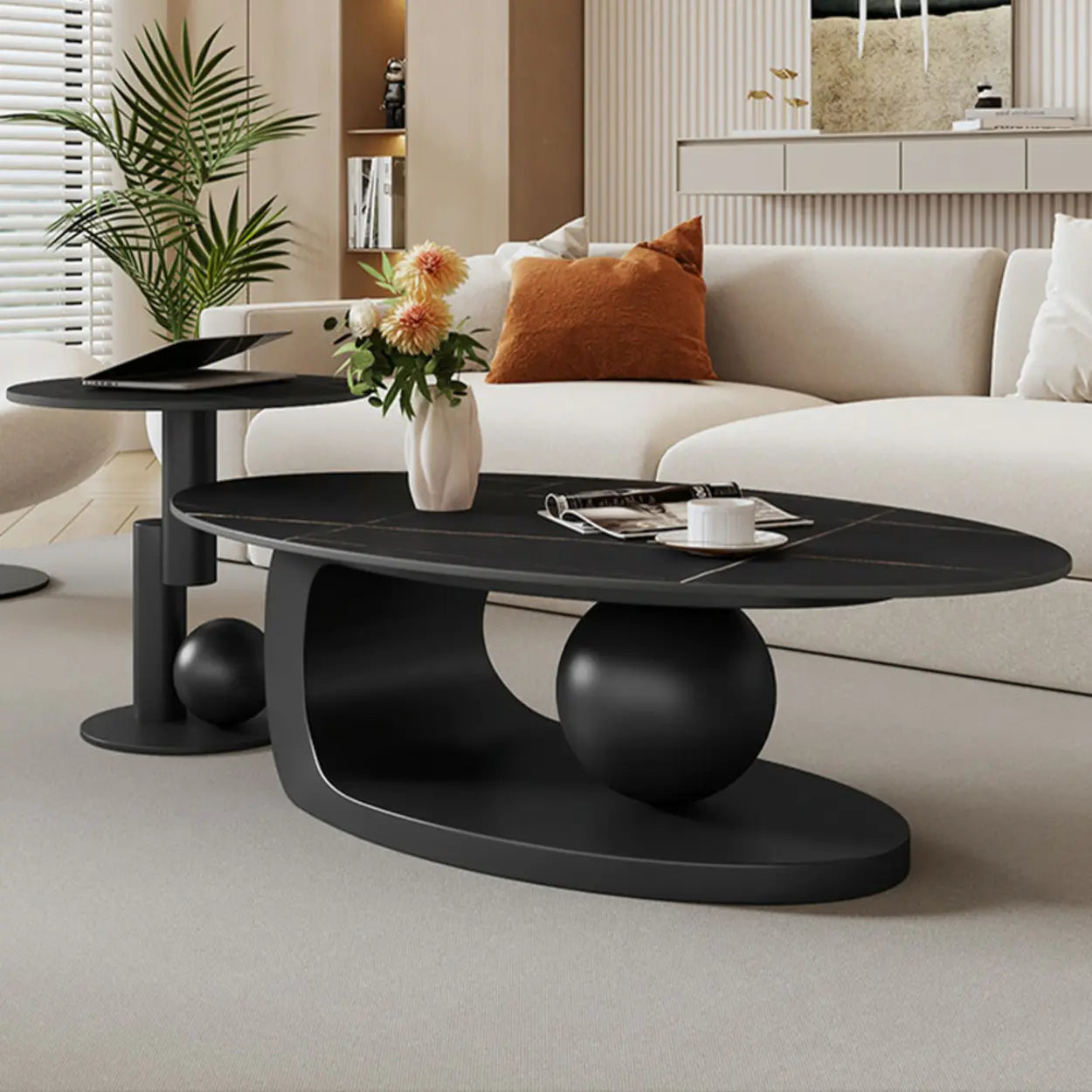 Stone-Top Coffee Table with Abstract Metal Base — White