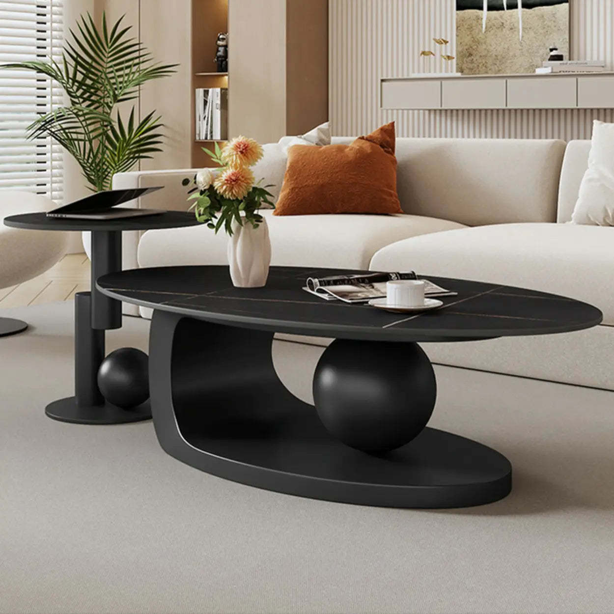 Stone-Top Coffee Table with Abstract Metal Base — White