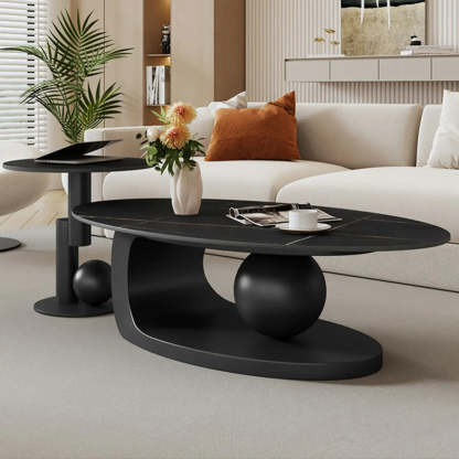 Stone-Top Coffee Table with Abstract Metal Base — White