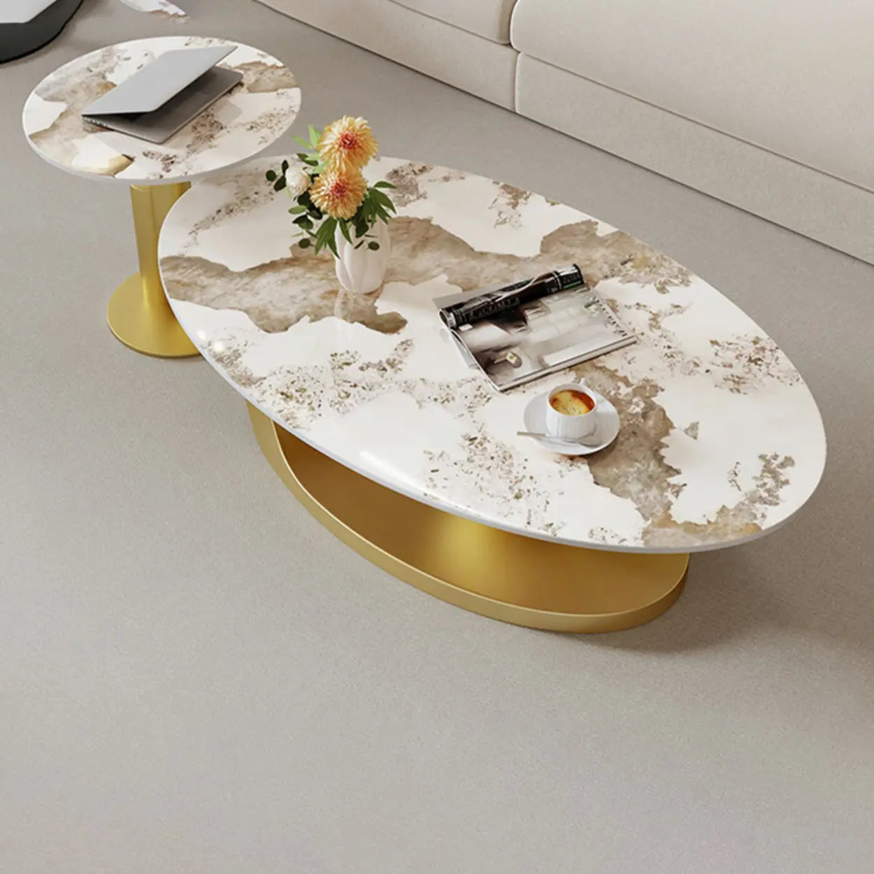 Stone-Top Coffee Table with Abstract Metal Base — Grey