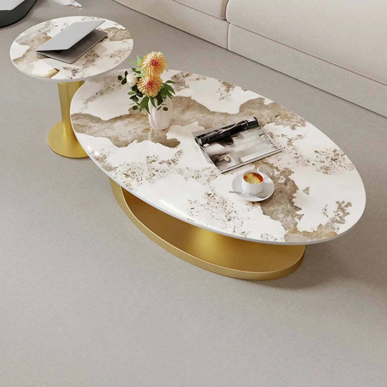 Stone-Top Coffee Table with Abstract Metal Base — Grey