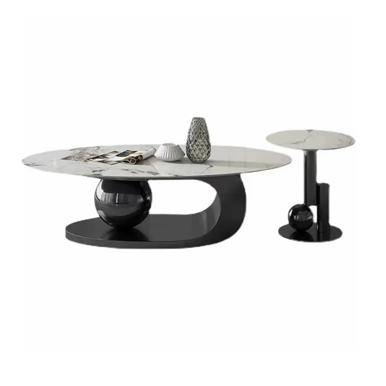 Stone-Top Coffee Table with Abstract Metal Base — Gold