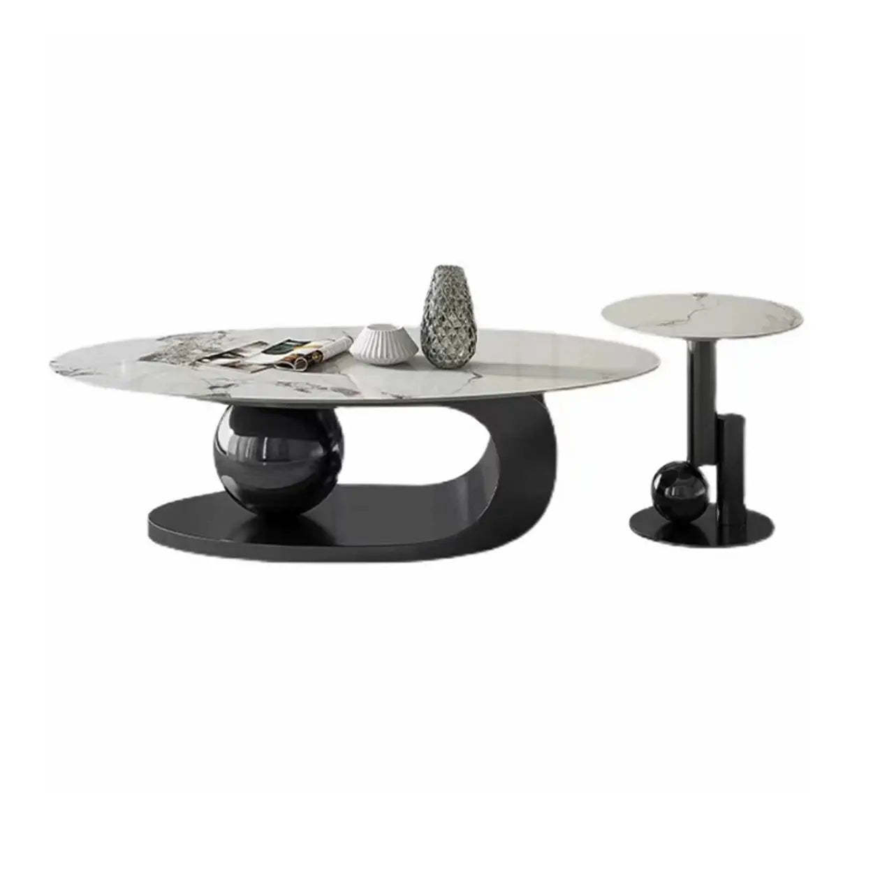 Stone-Top Coffee Table with Abstract Metal Base — Gold