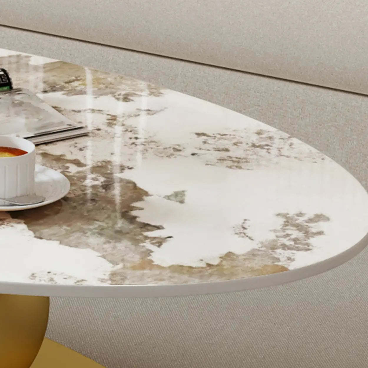 Stone-Top Coffee Table with Abstract Metal Base — Black
