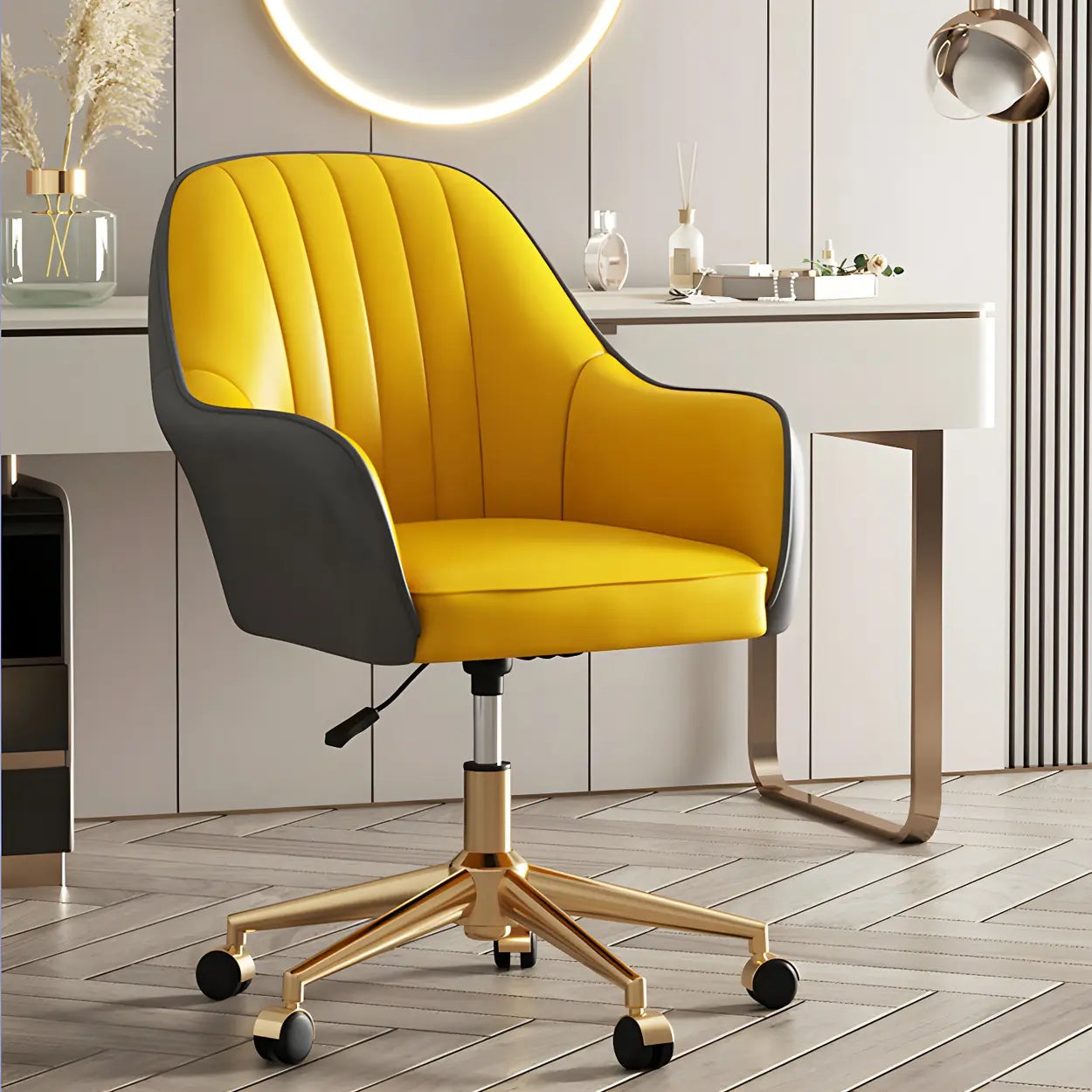 Contemporary Yellow Leather Swivel Office Chair with Wheels