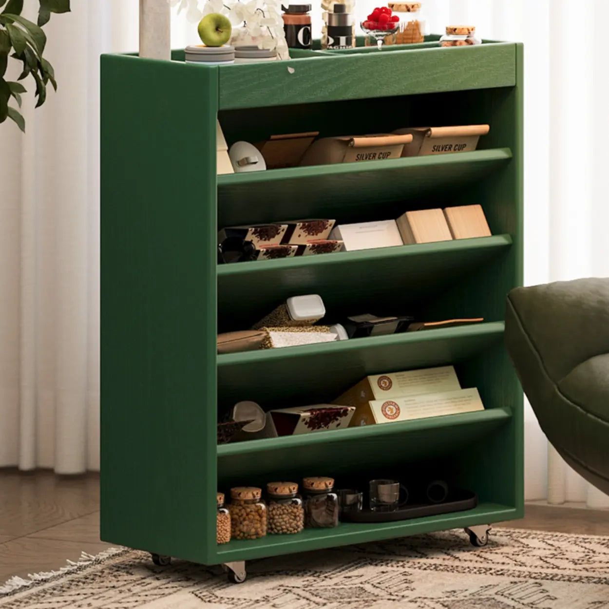 Contemporary Mobile Wood Angled Bookshelf Cart